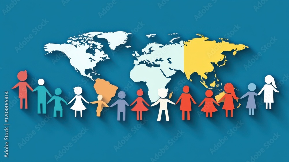 Colorful illustration of diverse paper cut-out figures holding hands across a world map Colorful illustration of diverse paper cut-out figures holding hands across a world map