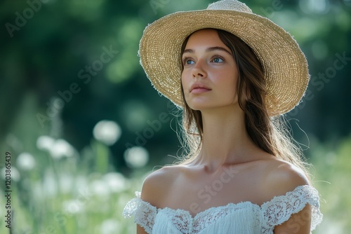 Young woman with long hair and straw hat in a sunlit green field surrounded b...