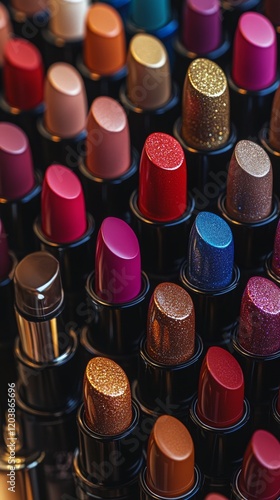 Colorful collection of lipsticks in various shades arranged on a display