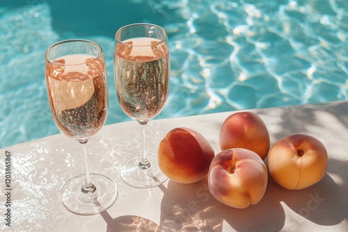Refreshing summer scene with peaches and drinks in a sparkling pool setting
