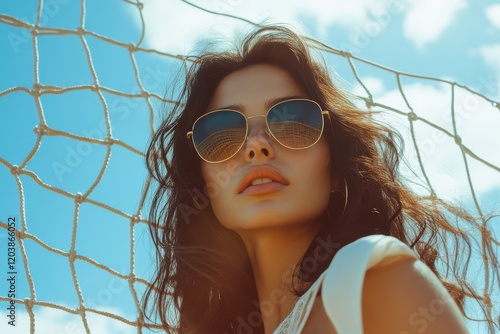 Young woman with sunglasses poses next to a net in a vibrant outdoor setting ...