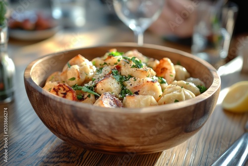Delicious homemade dumplings served in a wooden bowl at a cozy restaurant set...
