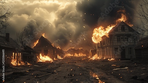 Fototapeta Naklejka Na Ścianę i Meble -  A small village on fire.