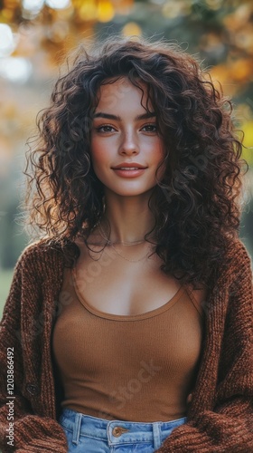 Beautiful woman with curly hair poses outdoors in autumn light surrounded by ...