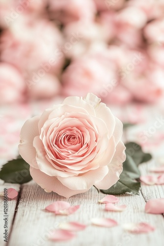 Delicate pink rose surrounded by soft petals on wooden surface, creating a serene and romantic atmosphere