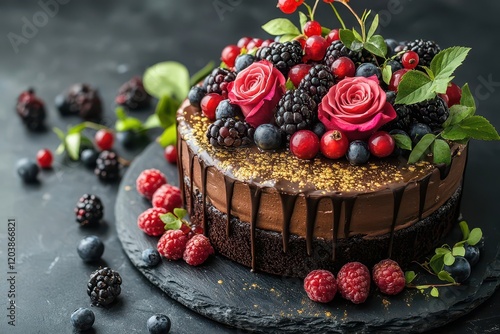 a decadent dark chocolate mousse cake adorned with fresh garden roses and golddusted berries photographed on black marble photo