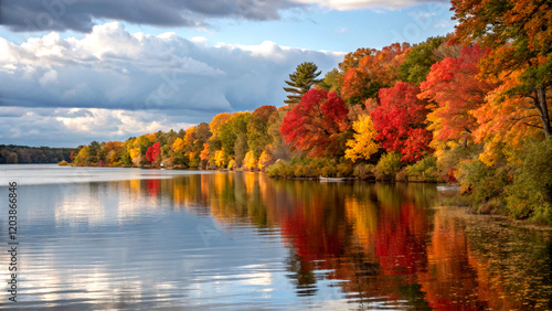 A serene lake with autumn reflections