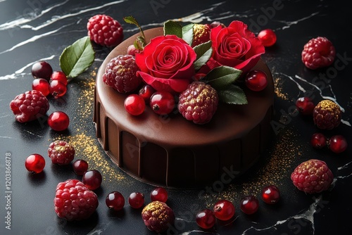 a decadent dark chocolate mousse cake adorned with fresh garden roses and golddusted berries photographed on black marble photo