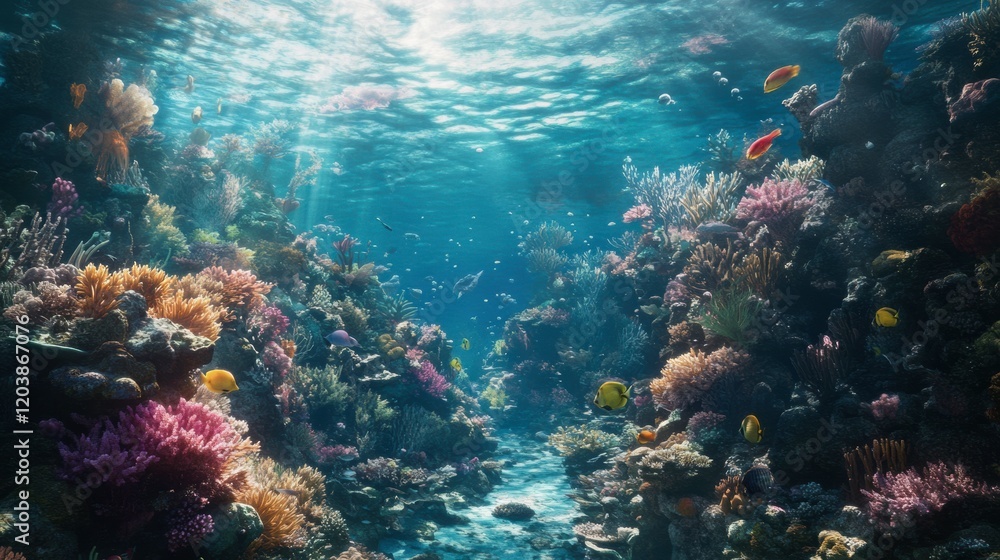 A stunning underwater scene showing diverse marine life thriving around a coral reef affected by climate change A stunning underwater scene showing diverse marine life thriving around a coral reef affected by climate change