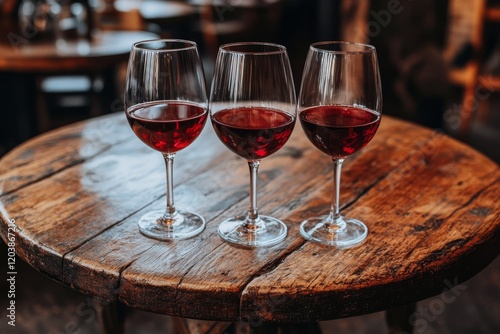Elegant display of three red wine glasses glowing against a warm backdrop dur...