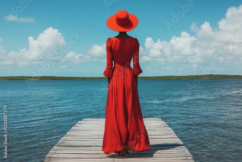 Woman in red dress and hat standing on wooden pier overlooking calm blue wate...