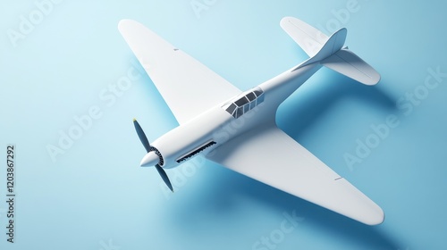 White toy plane, overhead studio shot, blue background, aviation concept