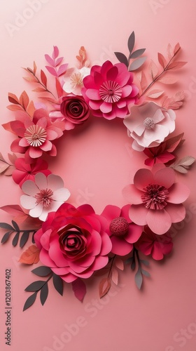 Vibrant paper flowers arranged in beautiful design against a pink background ...