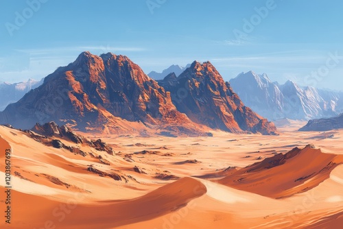 Vast golden sand dunes and majestic mountains under a clear blue sky in the d...