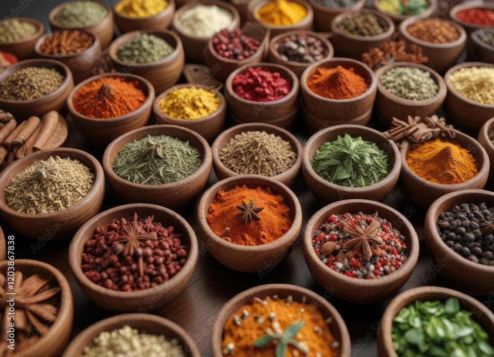 Close-up of wooden bowls filled with various spices, condiments, green pepper Close-up of wooden bowls filled with various spices, condiments, green pepper