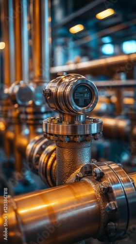 Close-up of industrial piping system with pressure gauge in a manufacturing f...