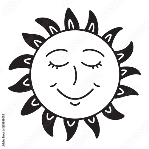 Simple hand drawn doodle of cute sun with face. Vector illustration black and white icon drawing.