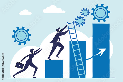 Business growth, helping hand, climbing success ladder, teamwork, career advancement, blue corporate charts, sky background, minimalist illustration style, flat design, dynamic poses, professional att