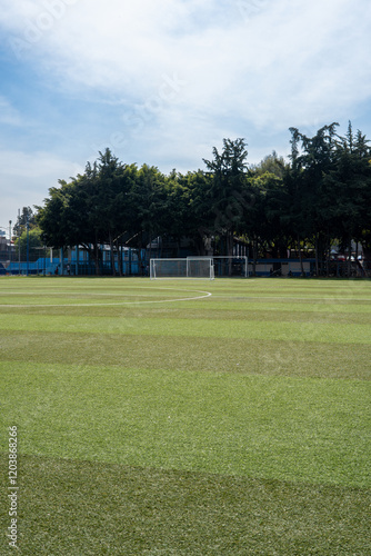 Campo de futbol soccer con suave pasto verde photo