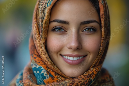 Smiling woman wearing an orange scarf poses amidst vibrant flowers in a seren...
