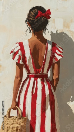 Woman in red and white striped dress holding a woven basket during a sunny da...