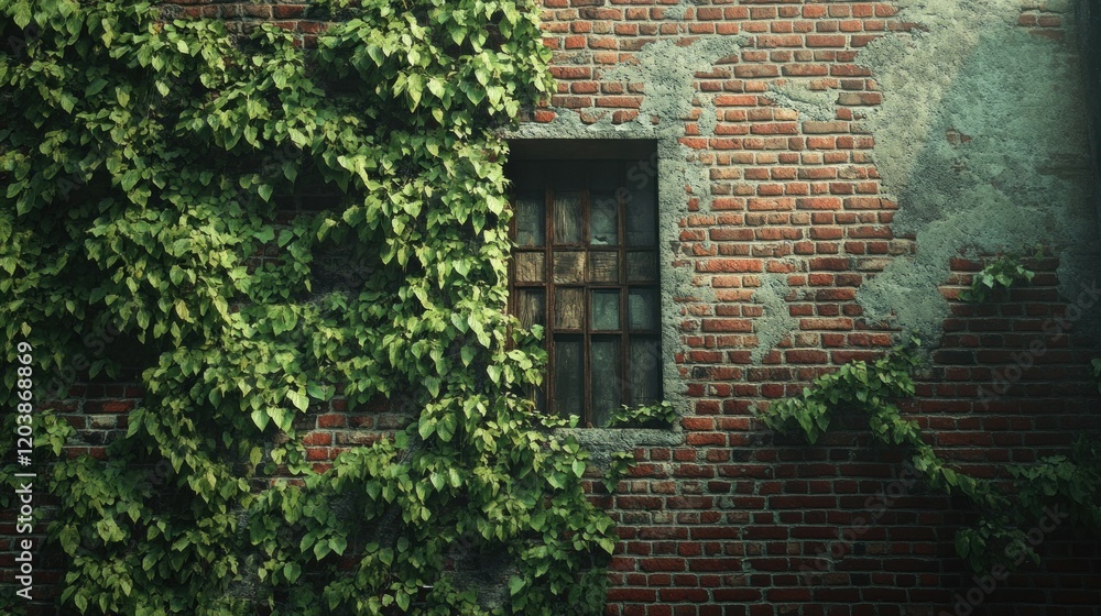 A weathered brick wall with climbing vines and an aged window, a touch of nature A weathered brick wall with climbing vines and an aged window, a touch of nature