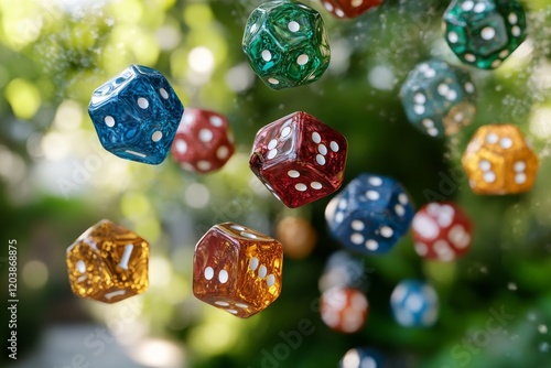 Colorful dice floating in the air, creating a magical gaming atmosphere at night