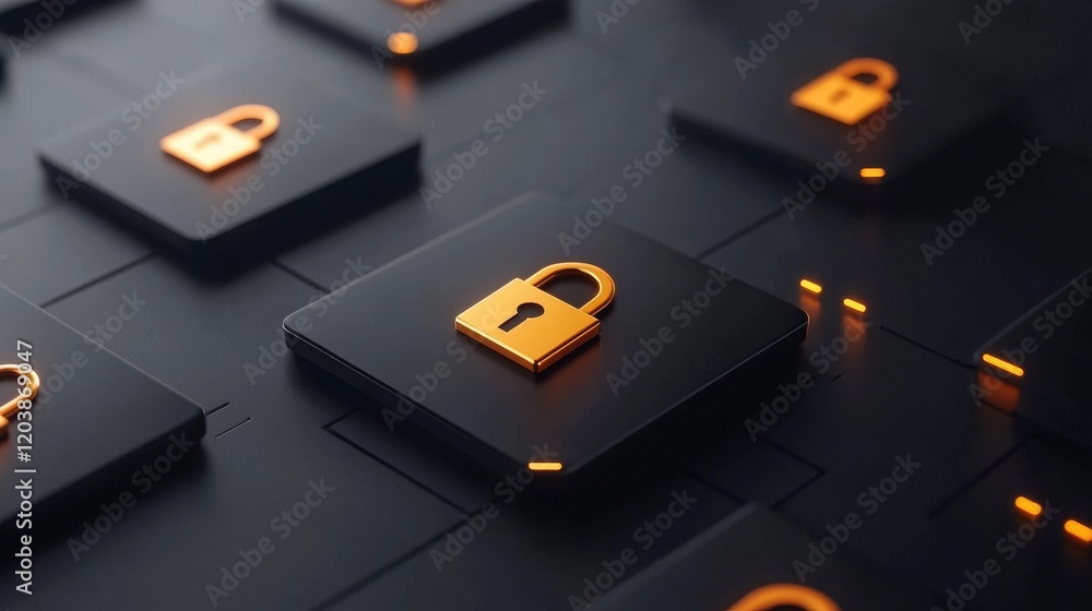 Abstract digital security concept with padlock icons on dark background.
