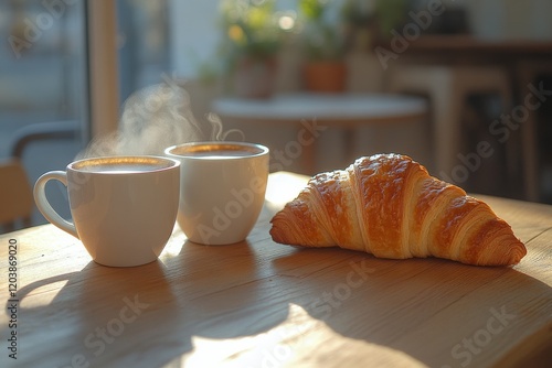 Coffee and croissant on a wooden table with morning light in a cozy setting