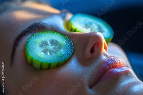 Cucumber slices placed on the face during a relaxation session at a spa treat...