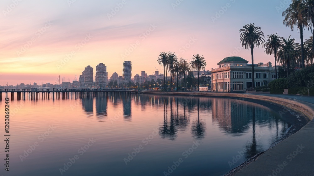 Fototapeta premium Sunrise cityscape reflection, coastal promenade, palm trees, tranquil waters