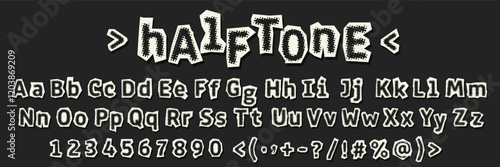 Halftone font collages. Cut out paper alphabet with dots