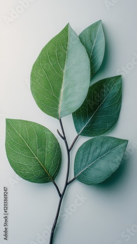 Lush green leaves arranged artistically on a pale background showcasing natur...