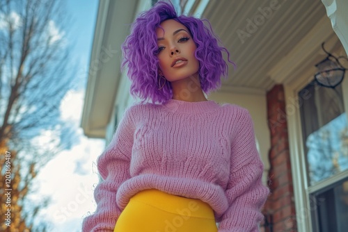 Young woman with purple hair wearing a pink sweater and yellow pants sitting ...