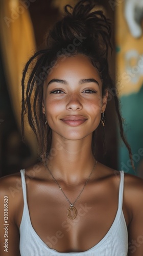 Smiling woman with natural beauty poses in a stylish indoor setting with soft...
