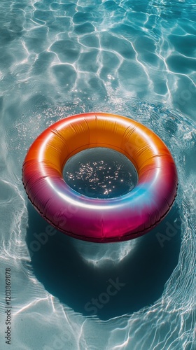 Bright inflatable ring floating in clear blue pool water on a sunny day