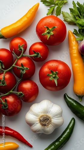 Fresh vegetables and herbs arranged on a white surface including tomatoes, ga...