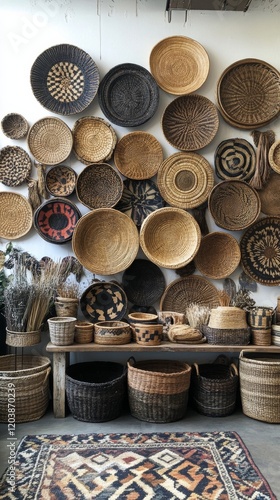 Beautifully arranged woven baskets on display in a cozy interior setting