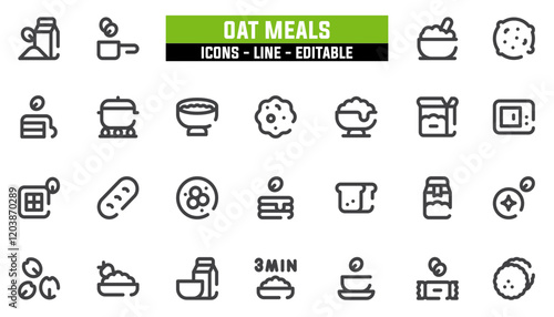 Set of 25 line icons oat meals. Editable stroke. Vector illustration