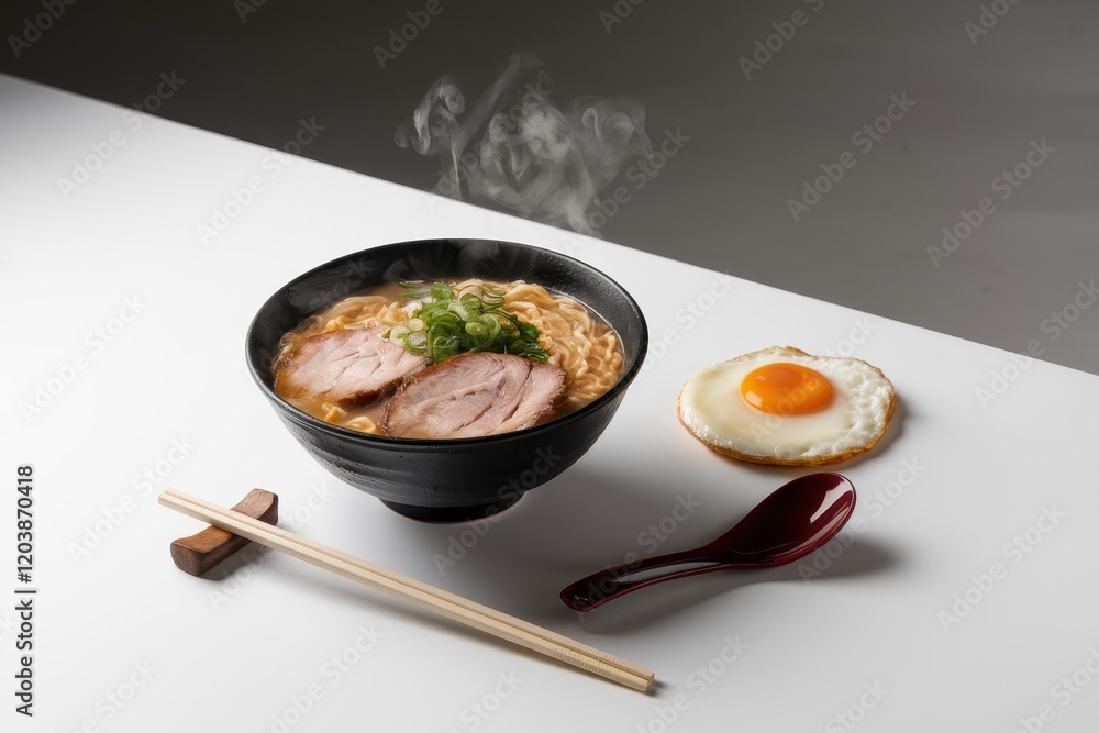 Steaming Noodle Soup with Pork and Fried Egg