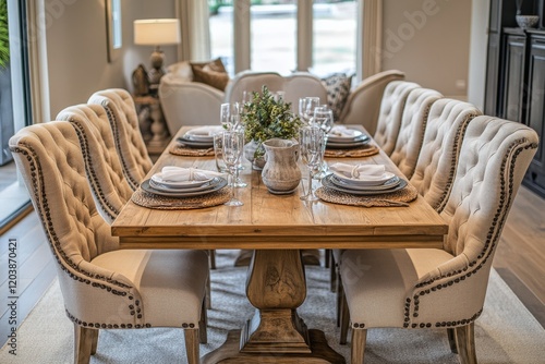 Elegant dining setup with wooden table and plush chairs in a bright modern ki...
