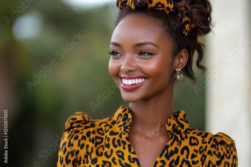 Smiling woman with curly hair poses against vibrant graffiti background