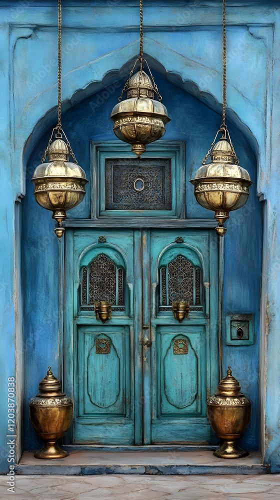 Obraz premium Teal Door, Brass Lanterns, Blue Wall, Arabian Setting, Travel