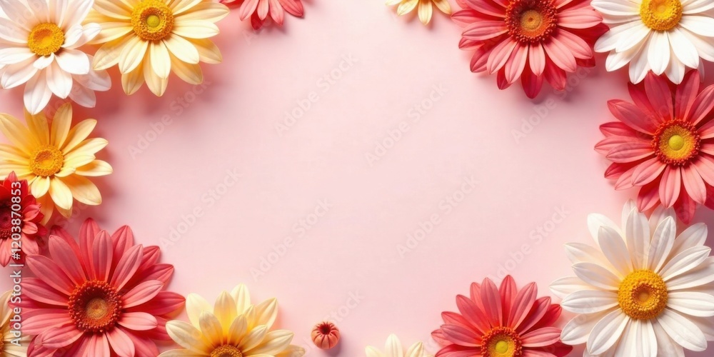 Vibrant Floral Arrangement on a Pastel Pink Background A Delicate Border of Peach and White Blossoms Creates a Charming and Elegant Frame for a Blank Space, Ideal for Text or Design Elements Vibrant Floral Arrangement on a Pastel Pink Background A Delicate Border of Peach and White Blossoms Creates a Charming and Elegant Frame for a Blank Space, Ideal for Text or Design Elements