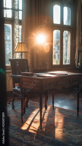 Warm sunlight streams through a window illuminating a vintage wooden desk in ...