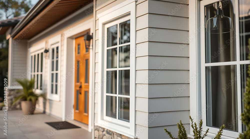 Modern House Exterior: Architectural Design, Grey Siding, and Classic Style. Real Estate, Residential Property Modern House Exterior: Architectural Design, Grey Siding, and Classic Style. Real Estate, Residential Property