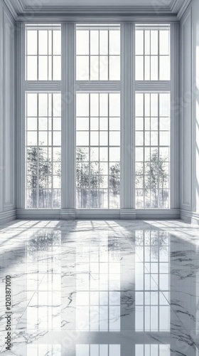 Spacious modern room with large windows overlooking green trees in bright sun...