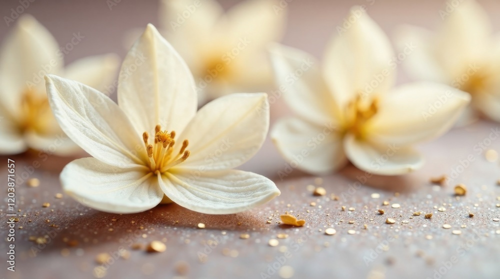 Delicate creamy blossoms resting on a shimmering surface, adorned with golden flecks, a serene and elegant floral arrangement. Delicate creamy blossoms resting on a shimmering surface, adorned with golden flecks, a serene and elegant floral arrangement.