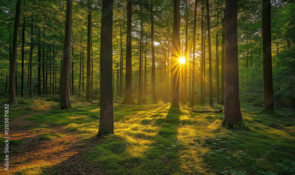 Fototapeta premium Bright sun Rays of Sunlight spring woodland green forest