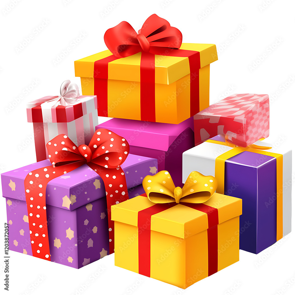 Obraz premium A stack of colorful wrapped gifts with ribbons and bows.